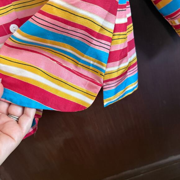 ANNE CARSON | Red Yellow and Blue striped Silk Button down Shirt | Large - Picture 6 of 8